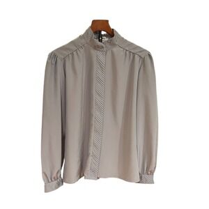 Vtg 80s Pleated High Neck‎ Satin Blouse Taupe Grey Long Sleeve Button Front Top